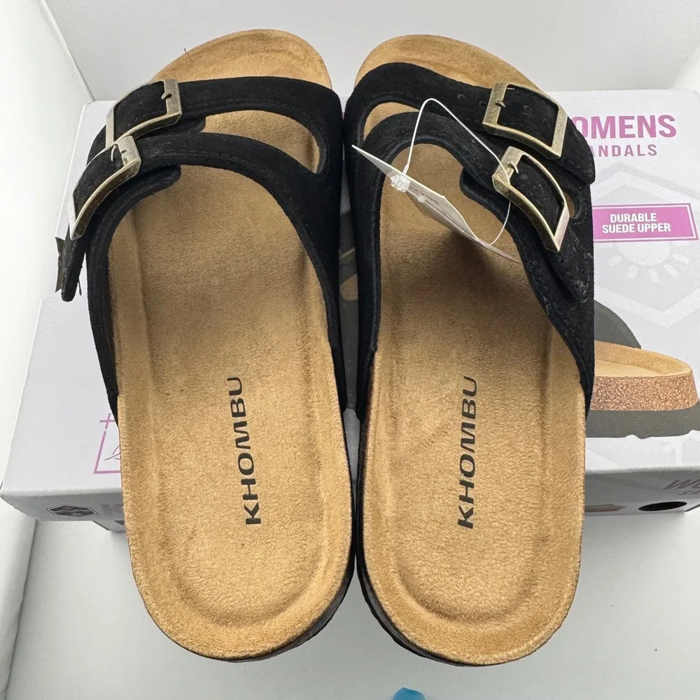 Khombu Ashville Sandals Womens 8 Black NIB Suede Leather Cork Slide Buckle Shoes